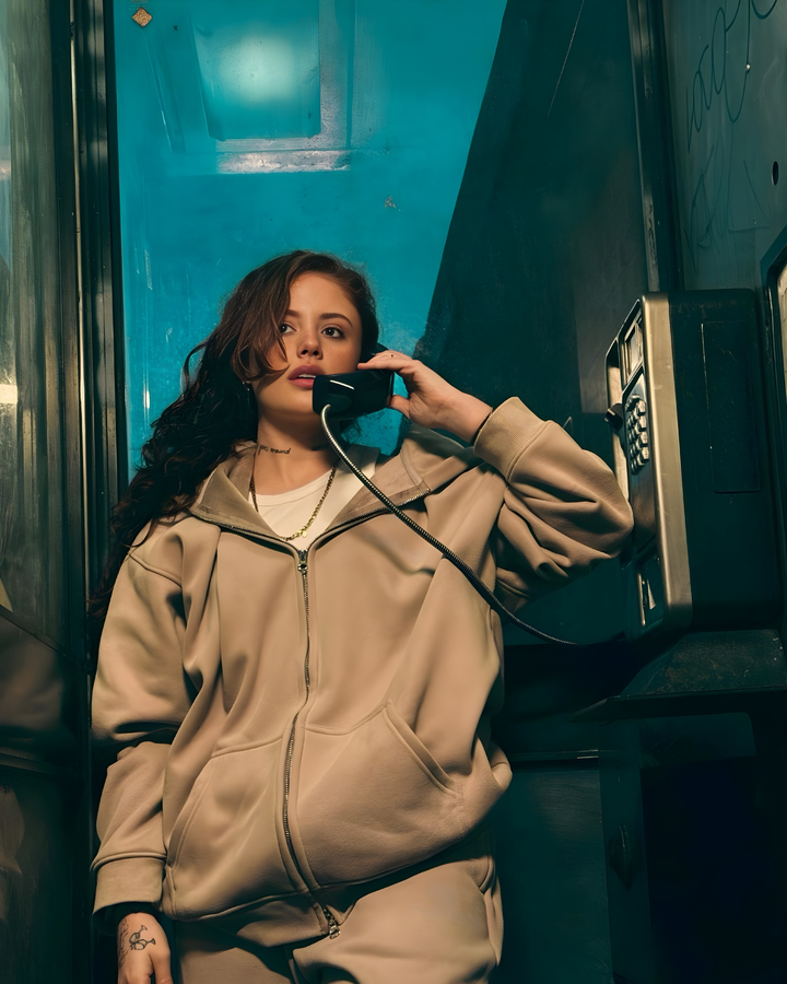 Drop Shoulder Zip Hoodie - Beige