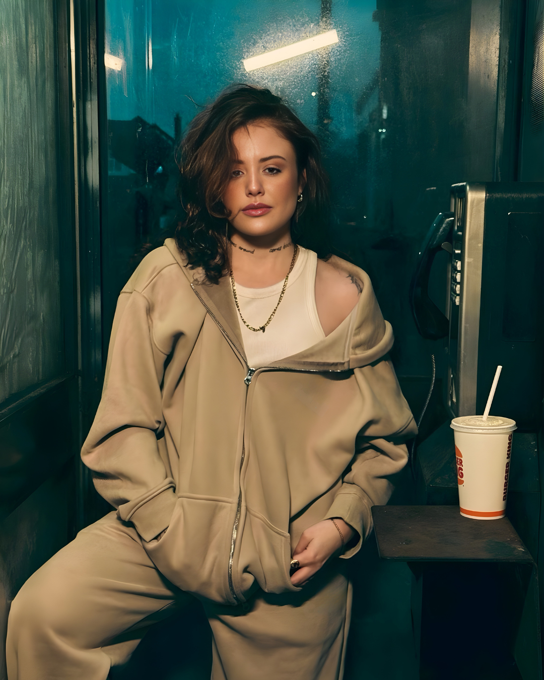 Drop Shoulder Zip Hoodie - Beige