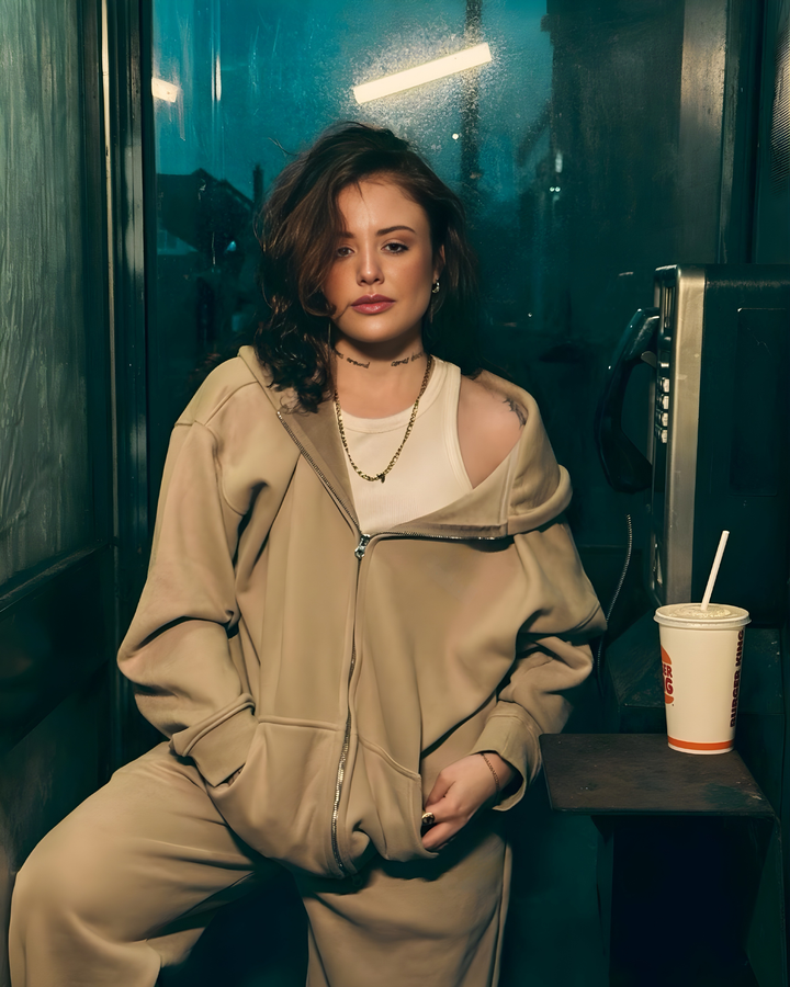 Drop Shoulder Zip Hoodie - Beige