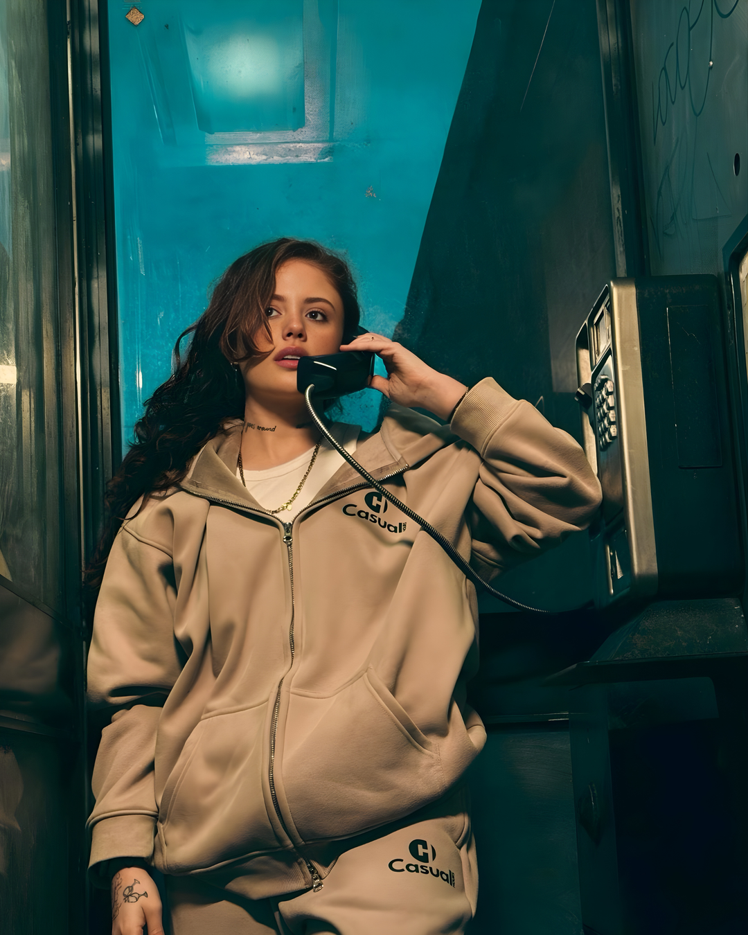 Drop Shoulder Zip Hoodie - Beige