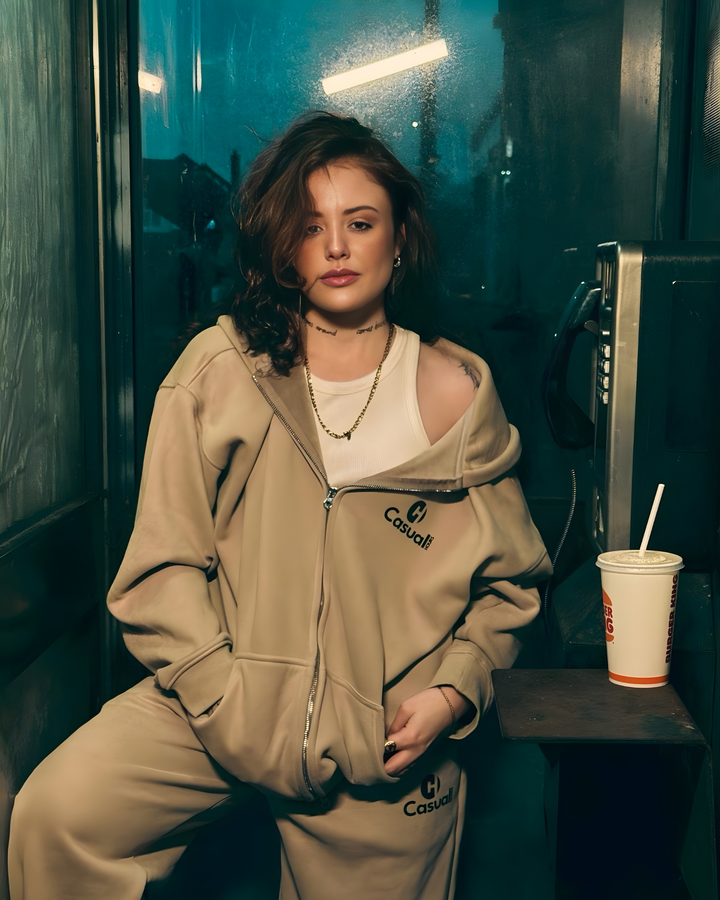 Drop Shoulder Zip Hoodie - Beige