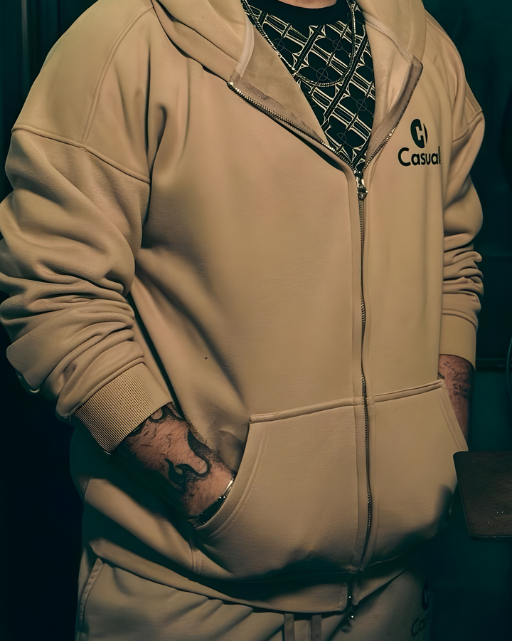 Drop Shoulder Zip Hoodie - Beige