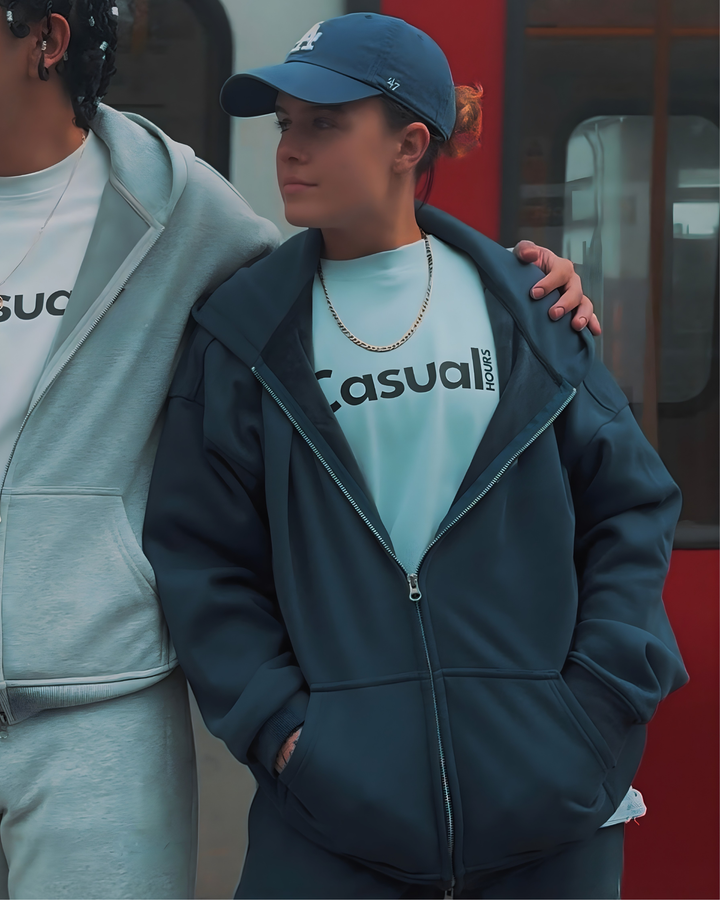 Drop Shoulder Zip Hoodie - Navy