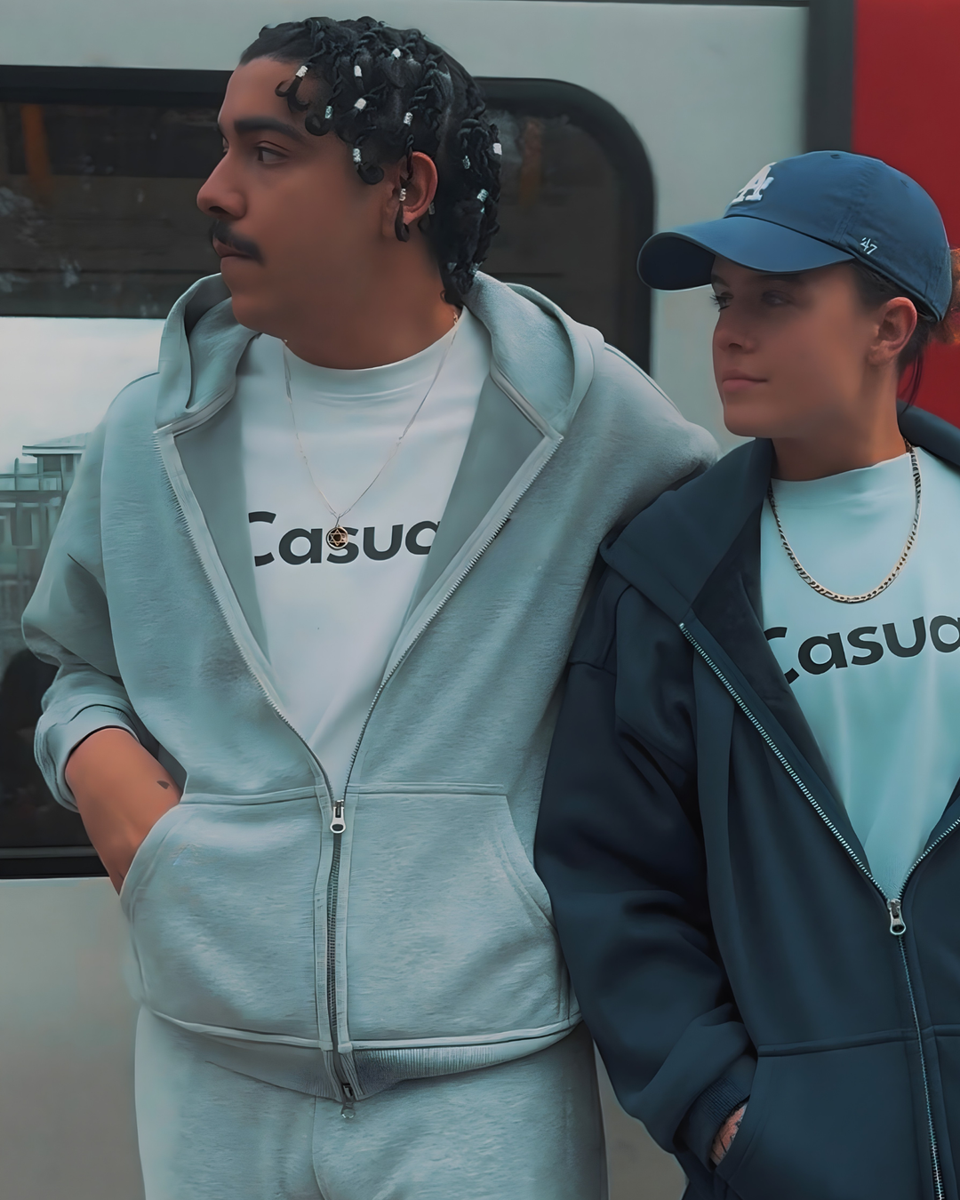 Drop Shoulder Zip Hoodie - Silver Fog