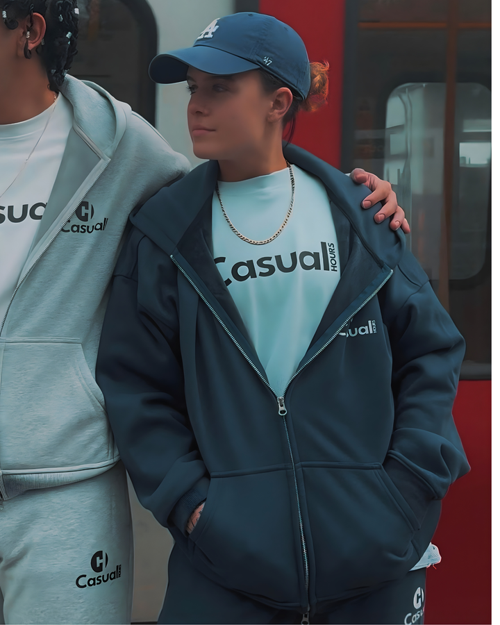 Drop Shoulder Zip Hoodie - Navy