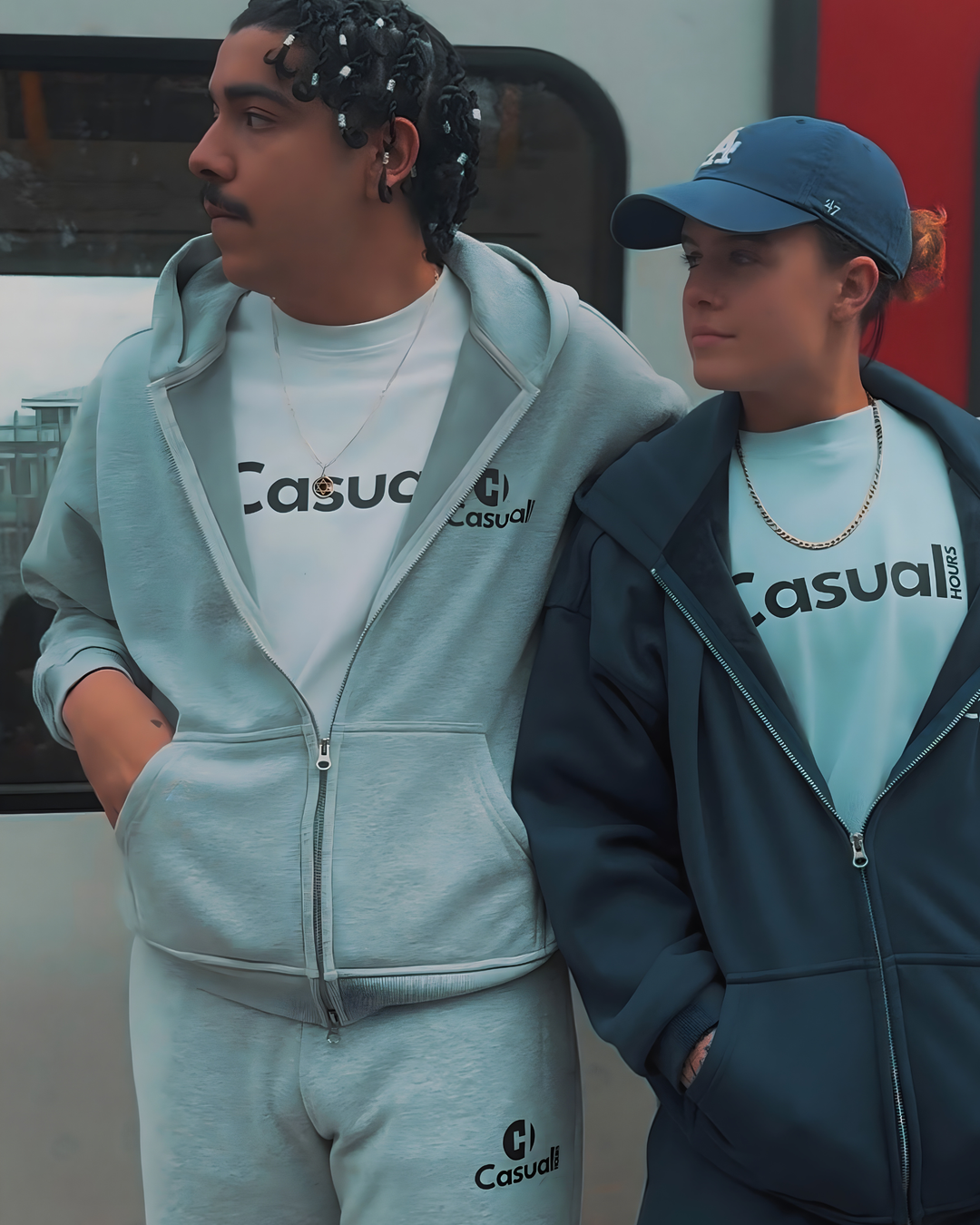 Drop Shoulder Zip Hoodie - Silver Fog