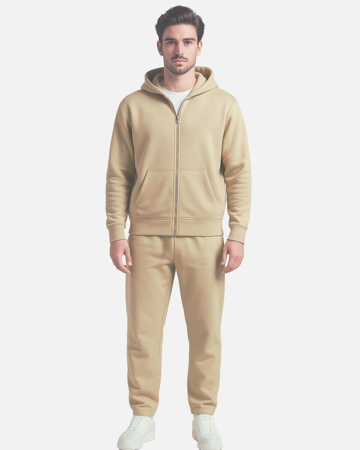 Drop Shoulder Zip Hoodie - Beige