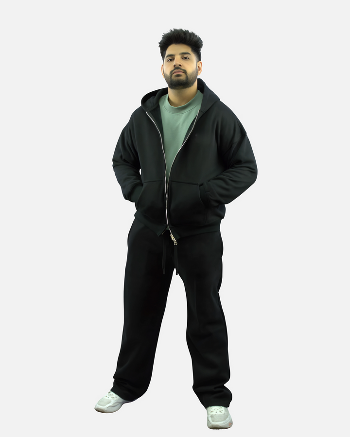 Drop Shoulder Zip Hoodie - Black