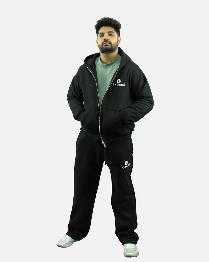 Drop Shoulder Zip Hoodie - Black