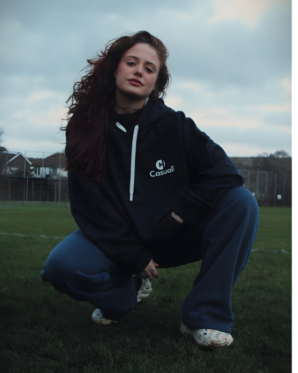 Premium Navy White Drop Shoulder Hoodie