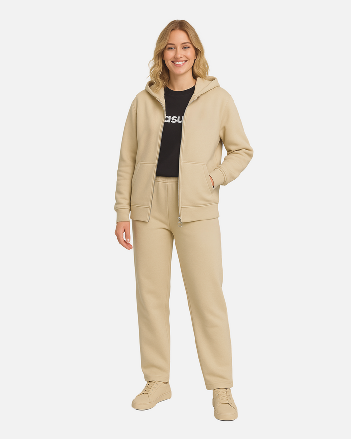 Drop Shoulder Zip Hoodie - Beige
