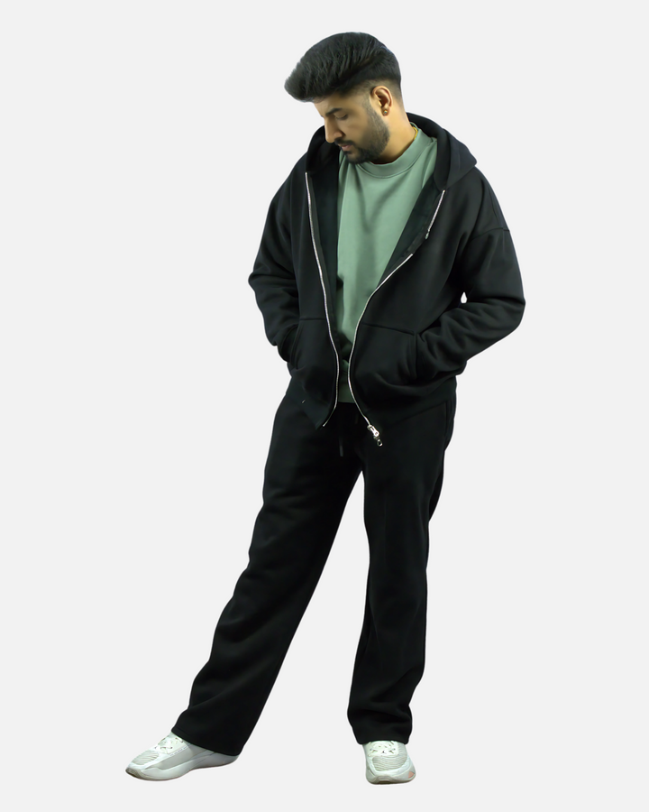 Drop Shoulder Zip Hoodie - Black