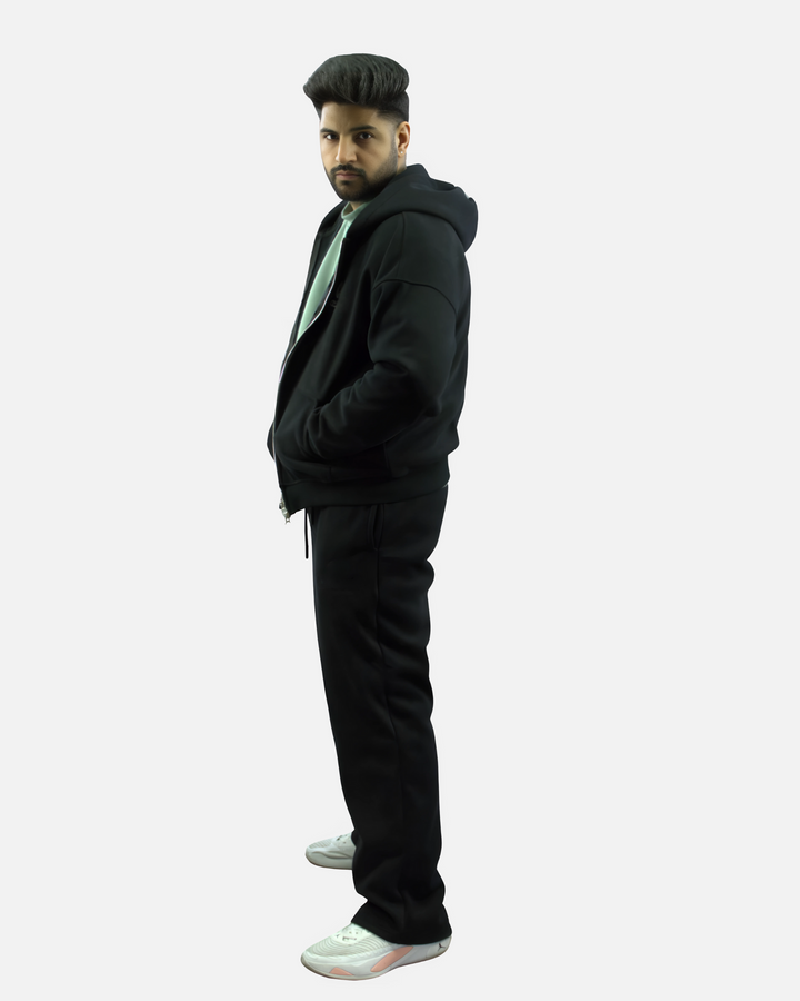 Drop Shoulder Zip Hoodie - Black