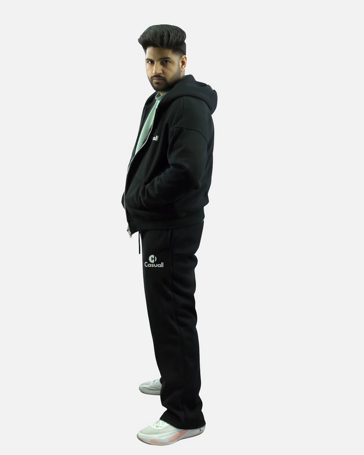 Drop Shoulder Zip Hoodie - Black