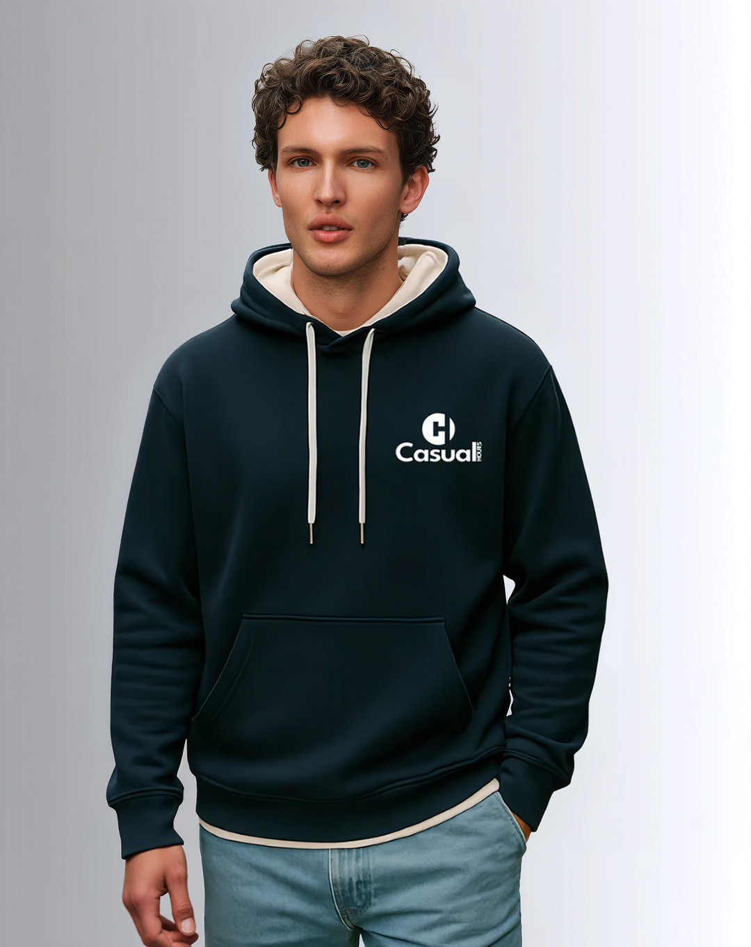 Premium Navy White Drop Shoulder Hoodie