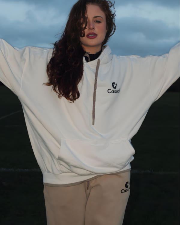 Premium White Cream Drop Shoulder Hoodie