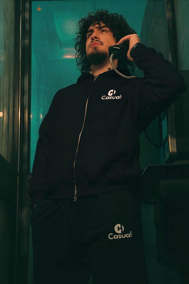 Drop Shoulder Zip Hoodie - Black