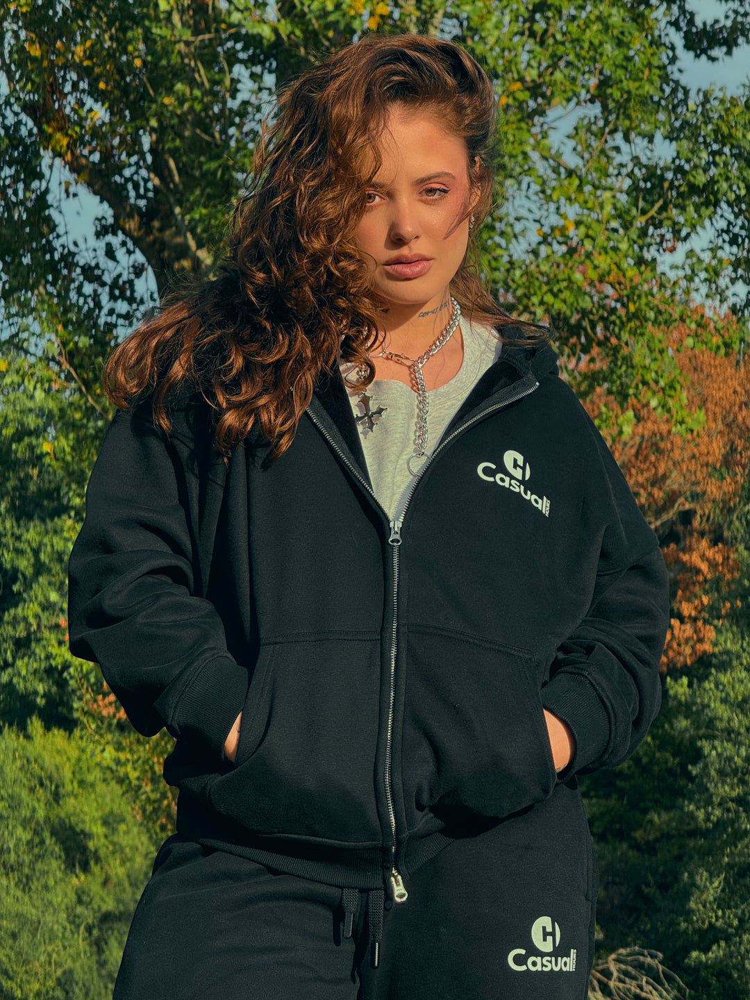 Drop Shoulder Zip Hoodie - Black
