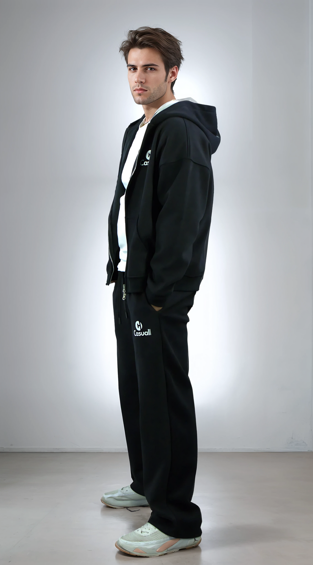 Drop Shoulder Zip Hoodie - Black