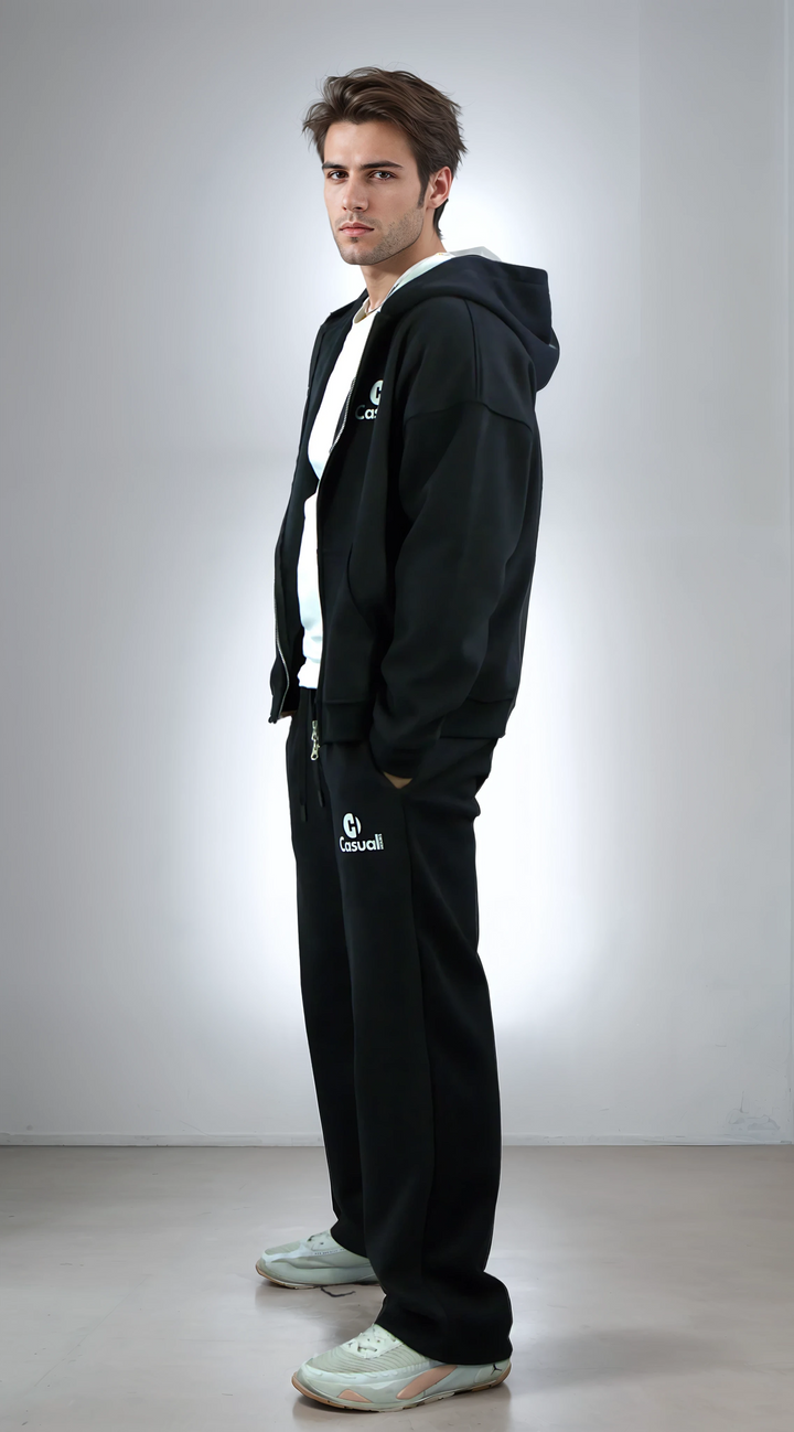 Drop Shoulder Zip Hoodie - Black