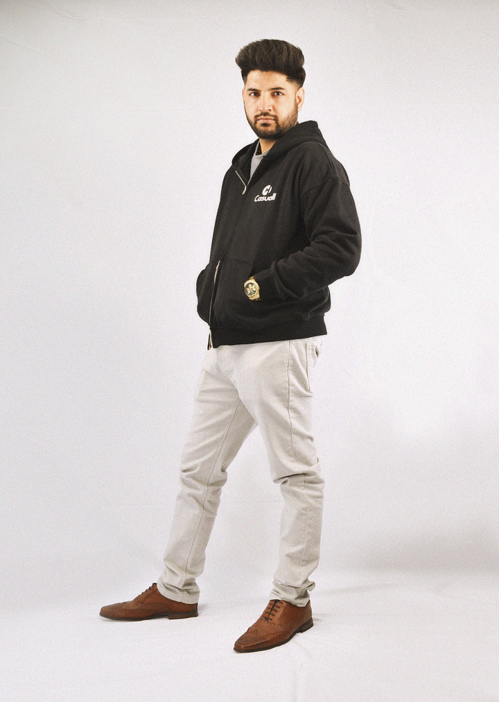 Drop Shoulder Zip Hoodie - Black