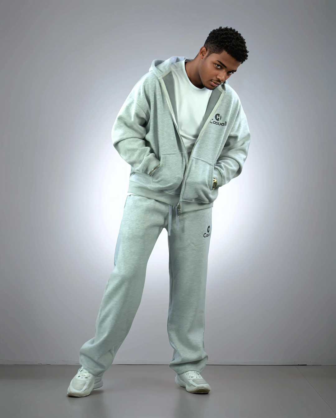 Drop Shoulder Zip Hoodie - Silver Fog