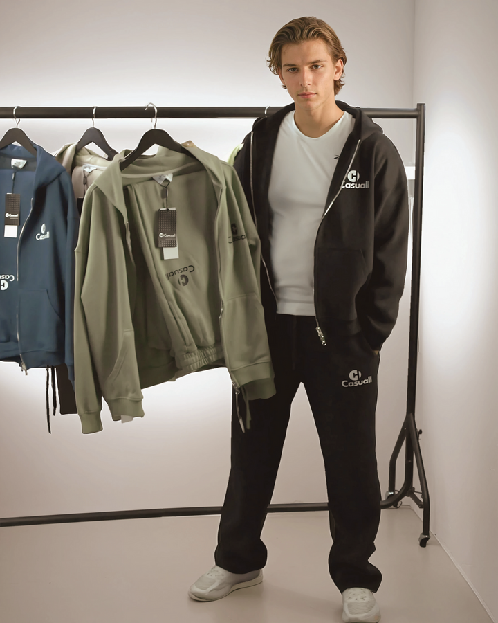 Drop Shoulder Zip Hoodie - Olive Dune