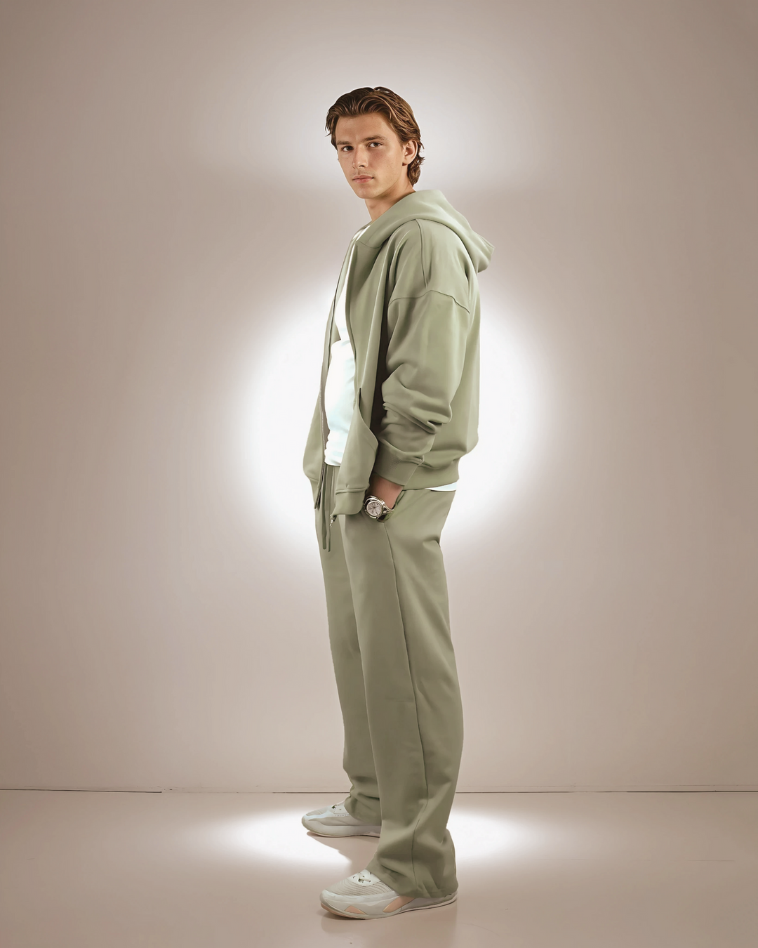 Drop Shoulder Zip Hoodie - Olive Dune