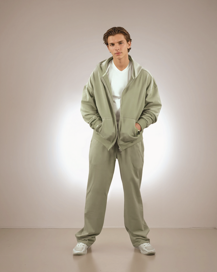 Drop Shoulder Zip Hoodie - Olive Dune