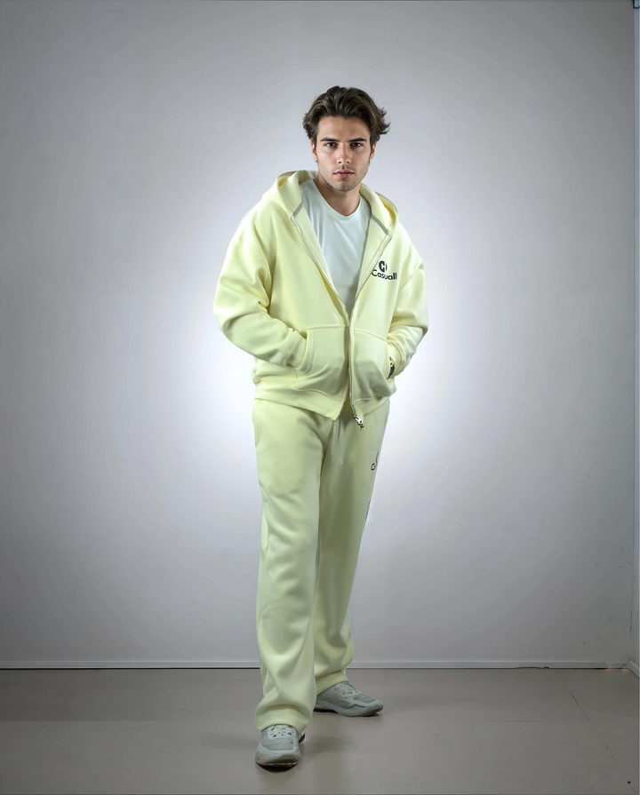 Drop Shoulder Zip Hoodie - Rice White