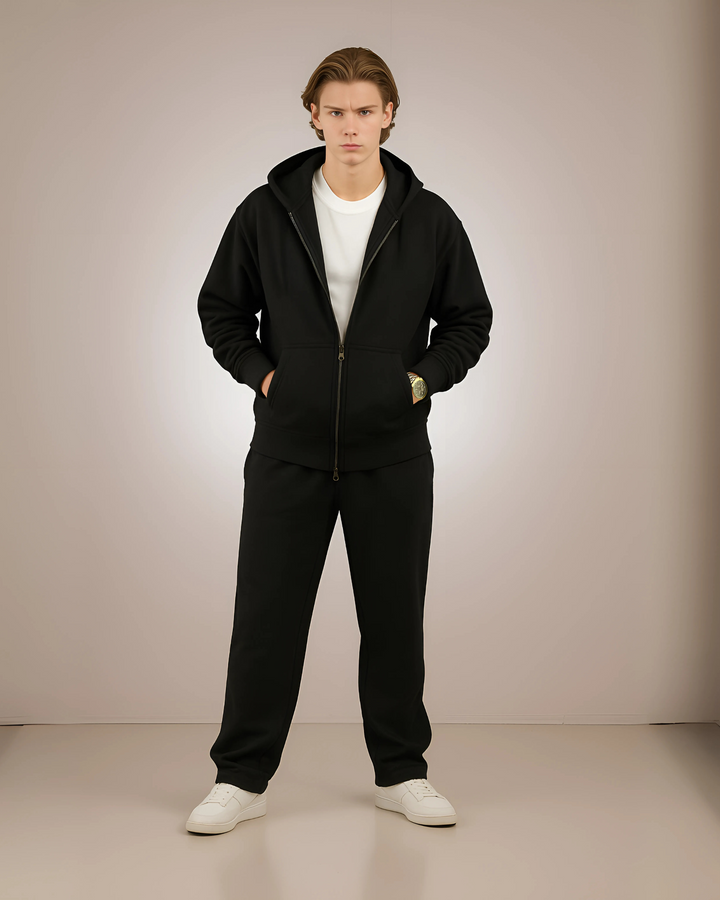Drop Shoulder Zip Hoodie - Black