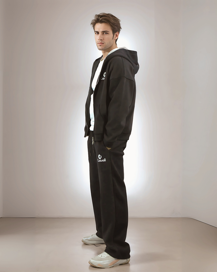 Drop Shoulder Zip Hoodie - Black
