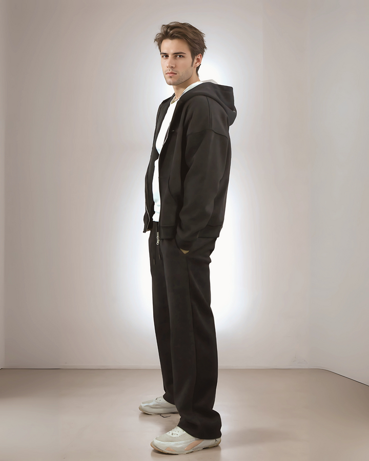 Drop Shoulder Zip Hoodie - Black