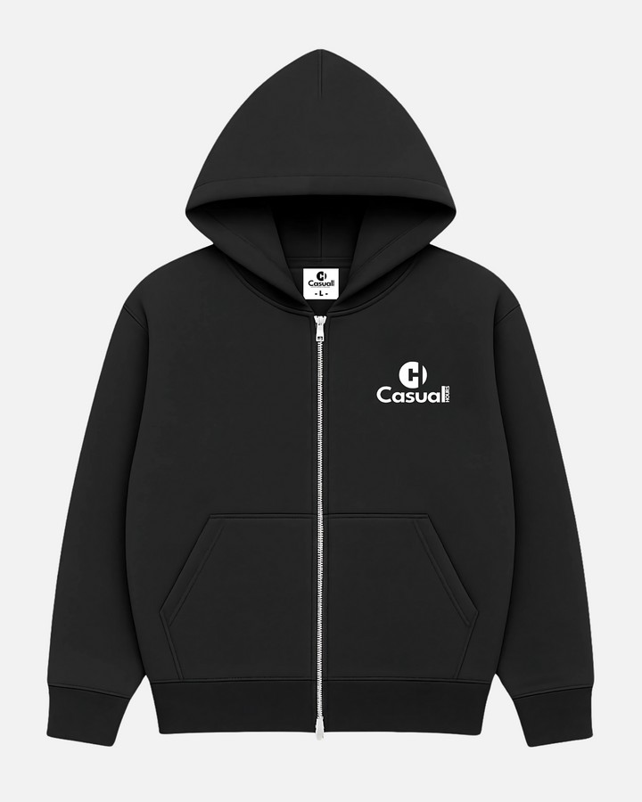 Drop Shoulder Zip Hoodie - Black