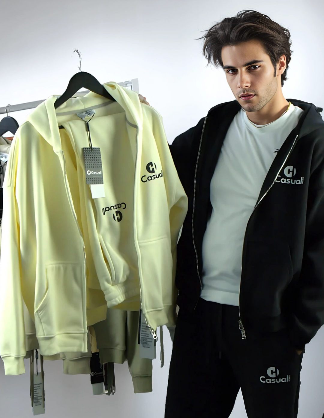 Drop Shoulder Zip Hoodie - Rice White