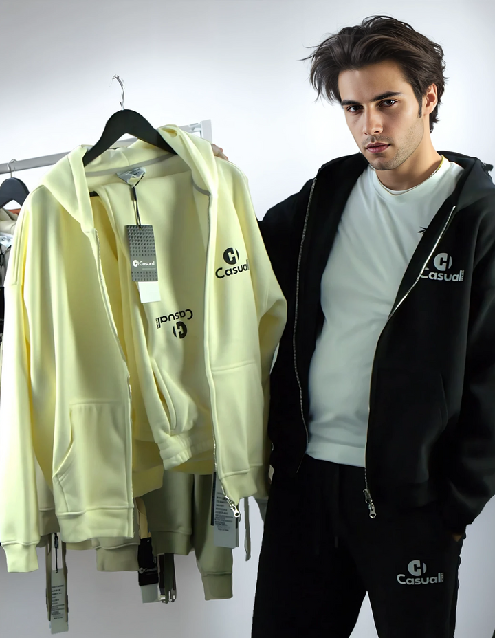 Drop Shoulder Zip Hoodie - Rice White