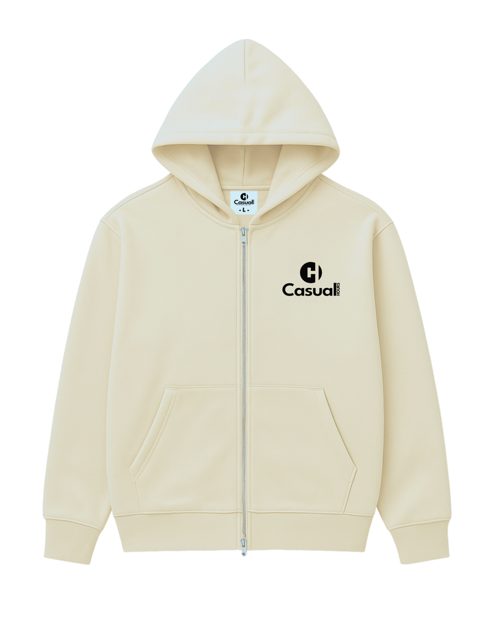 Drop Shoulder Zip Hoodie - Rice White