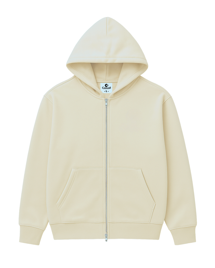 Drop Shoulder Zip Hoodie - Rice White