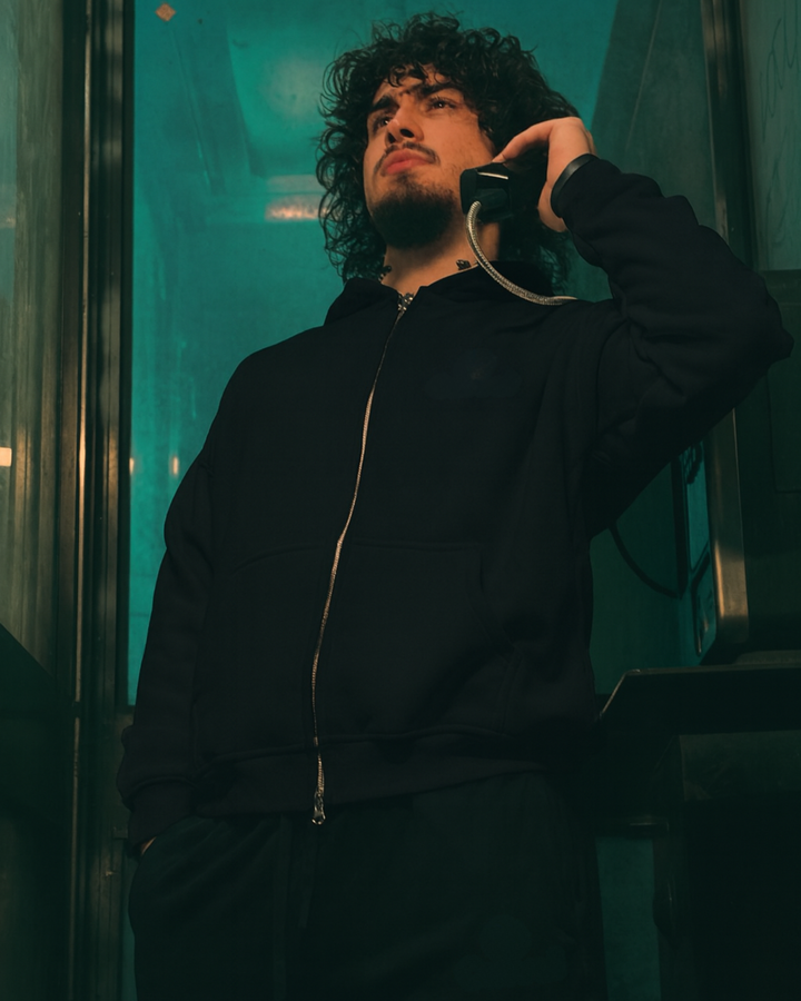 Drop Shoulder Zip Hoodie - Black