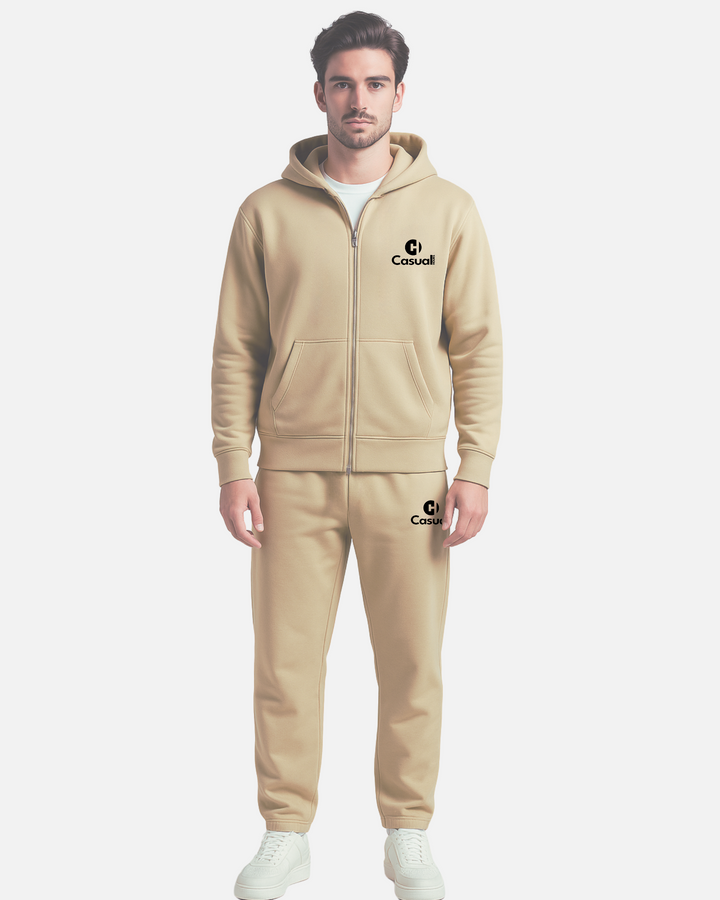 Drop Shoulder Zip Hoodie - Beige