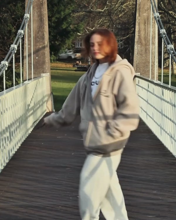 Drop Shoulder Zip Hoodie - Beige