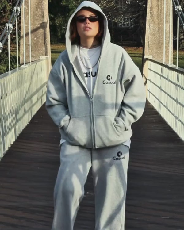 Drop Shoulder Zip Hoodie - Silver Fog